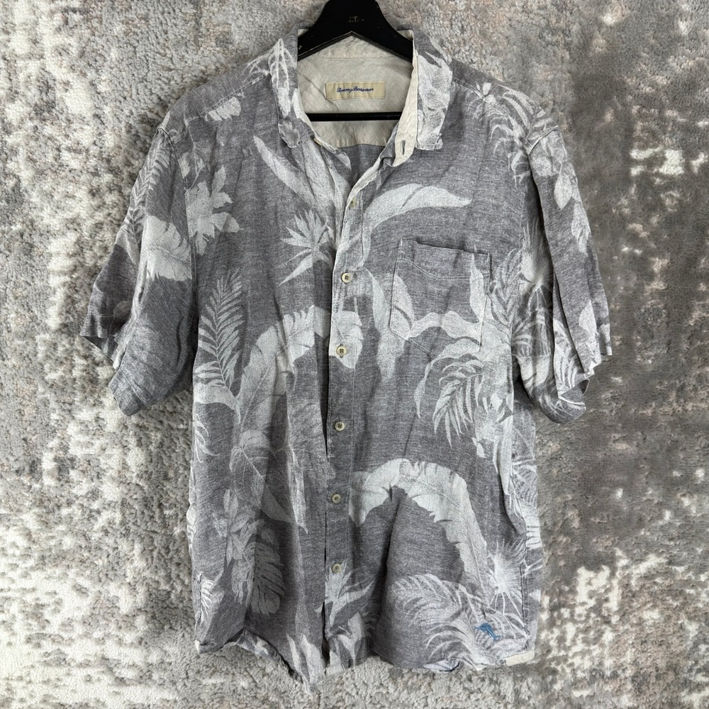 Tommy Bahama Size L Floral Palm Linen Tropical Button Up Shirt Gray SS Men